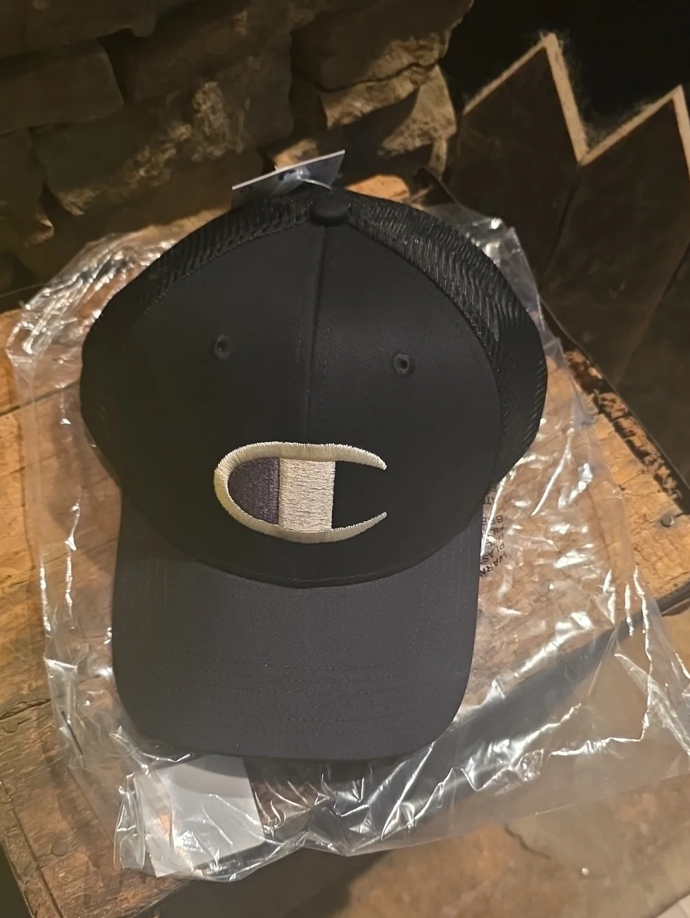 Champion Black Mesh-Back Cap with Embroidered Logo